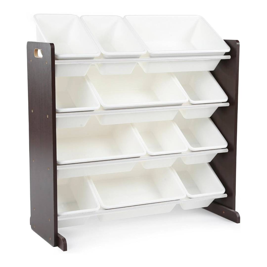 Kids Wooden Toy Storage Unit with 12 Bins Espresso Brown Frame and White Bins for Bookshelf
