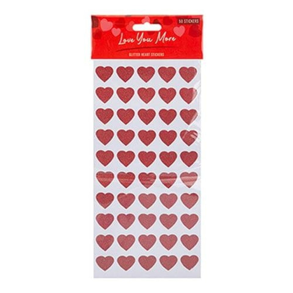 Red Glitter Heart Shape Valentine's Stickers - Pack of 50