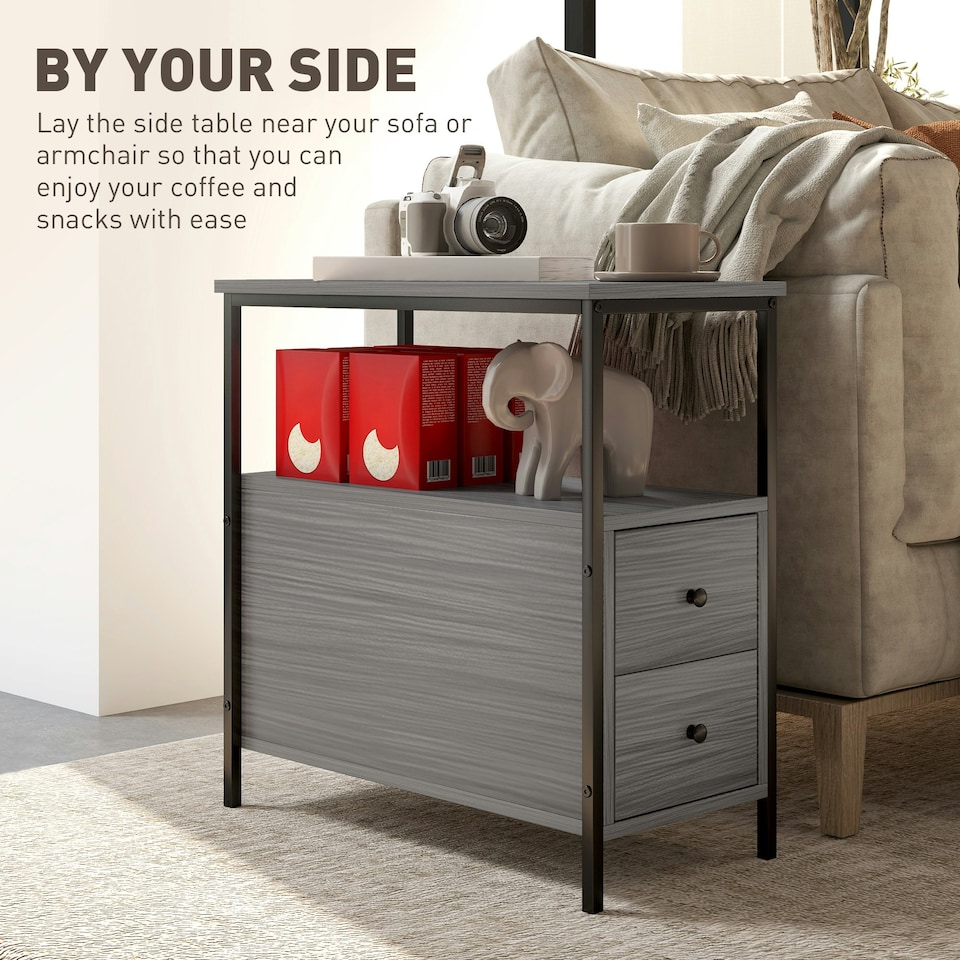 image 1 of HOMCOM Narrow End Table, Sofa Side Table with 2 Drawers Storage Shelf, Grey Grey