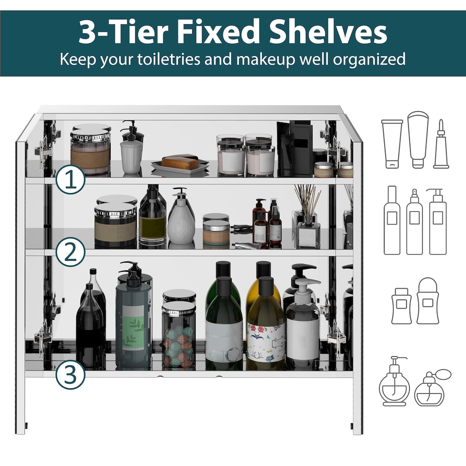 image 1 of HOMCOM Bathroom Mirror Cabinet, Stainless Steel Wall Mounted  Bathroom Storage Cabinet with Double Doors, 60x55cm