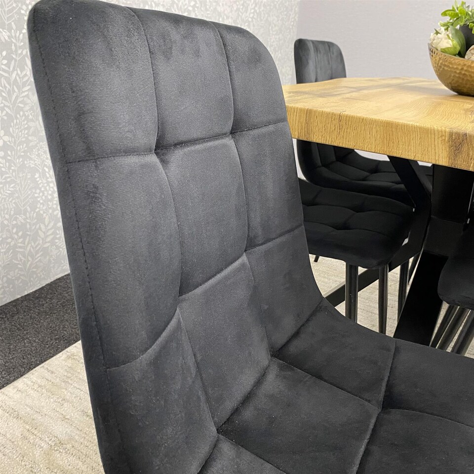 image 1 of Wooden Dining Table with 6 Black Velvet Chairs, Stylish Dining Room Furniture