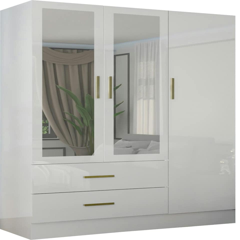 image 1 of Modern 3-Door High Gloss Wardrobe with Dual Mirrors, Gold Accent Handles, Drawers & Shelves-116cm Wide Grey | Grey116cm