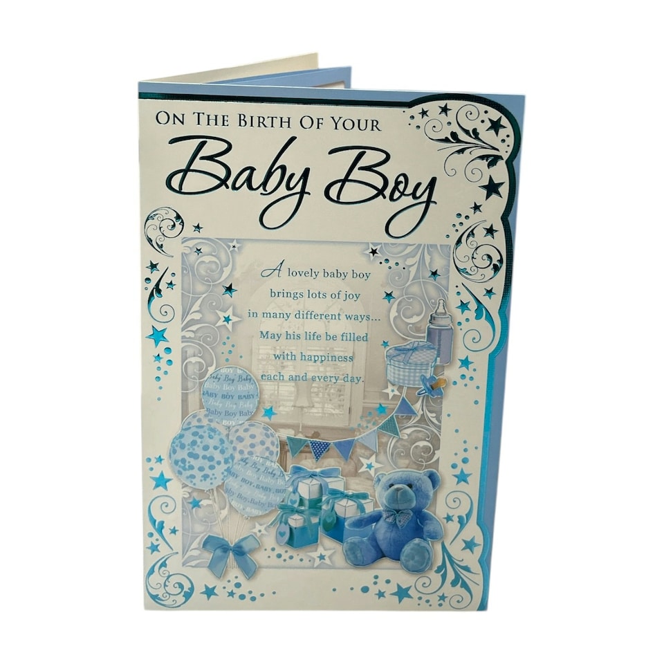 image 1 of On The Birth Of Baby Boy Blue Balloons And Teddy Design Opacity Congratulations Card
