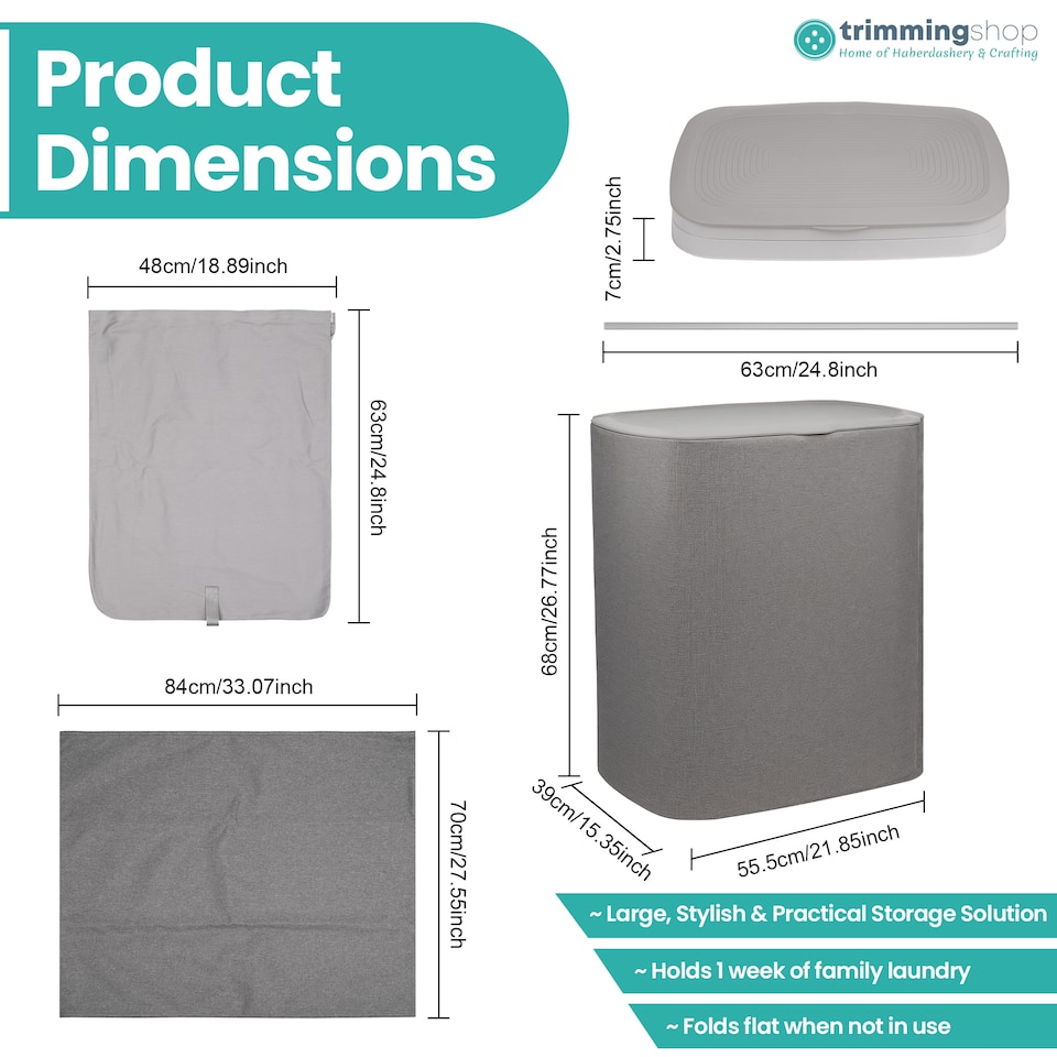 image 1 of 90L Laundry Basket with Lid & 2 Removable Bags, Washing Bin with Plastic Frame
