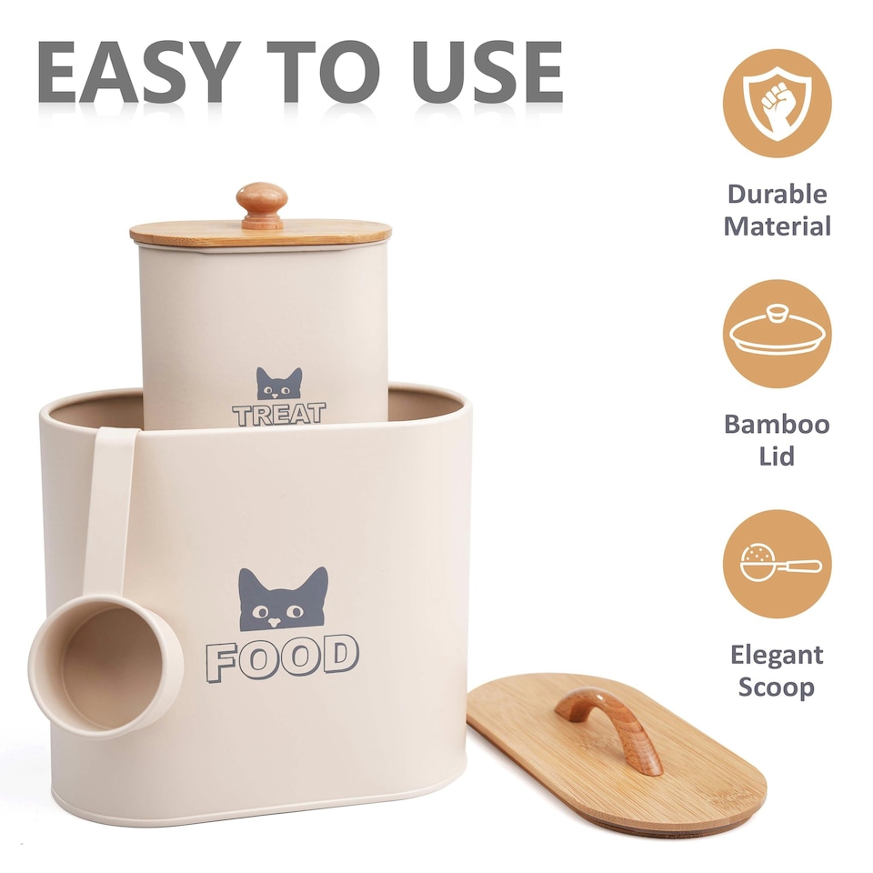 image 1 of CAT FOOD STORAGE CONTAINER WITH SCOOP DRY FOOD TIN RETRO VINTAGE WOODEN LID Cream | Cream