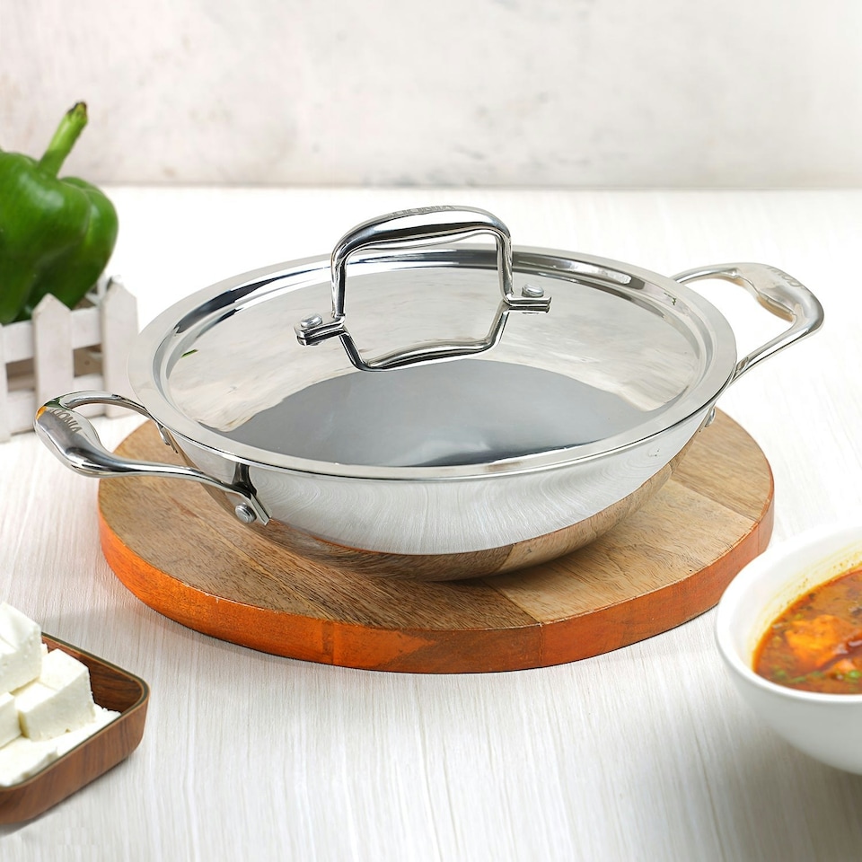image 1 of Vinod Platinum Triply Stainless Steel Kadai with Lid 22 cm - 1.8 litre