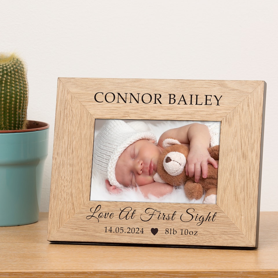 image 1 of Personalised New Baby Love At First Sight Wood Picture Frame 6x4