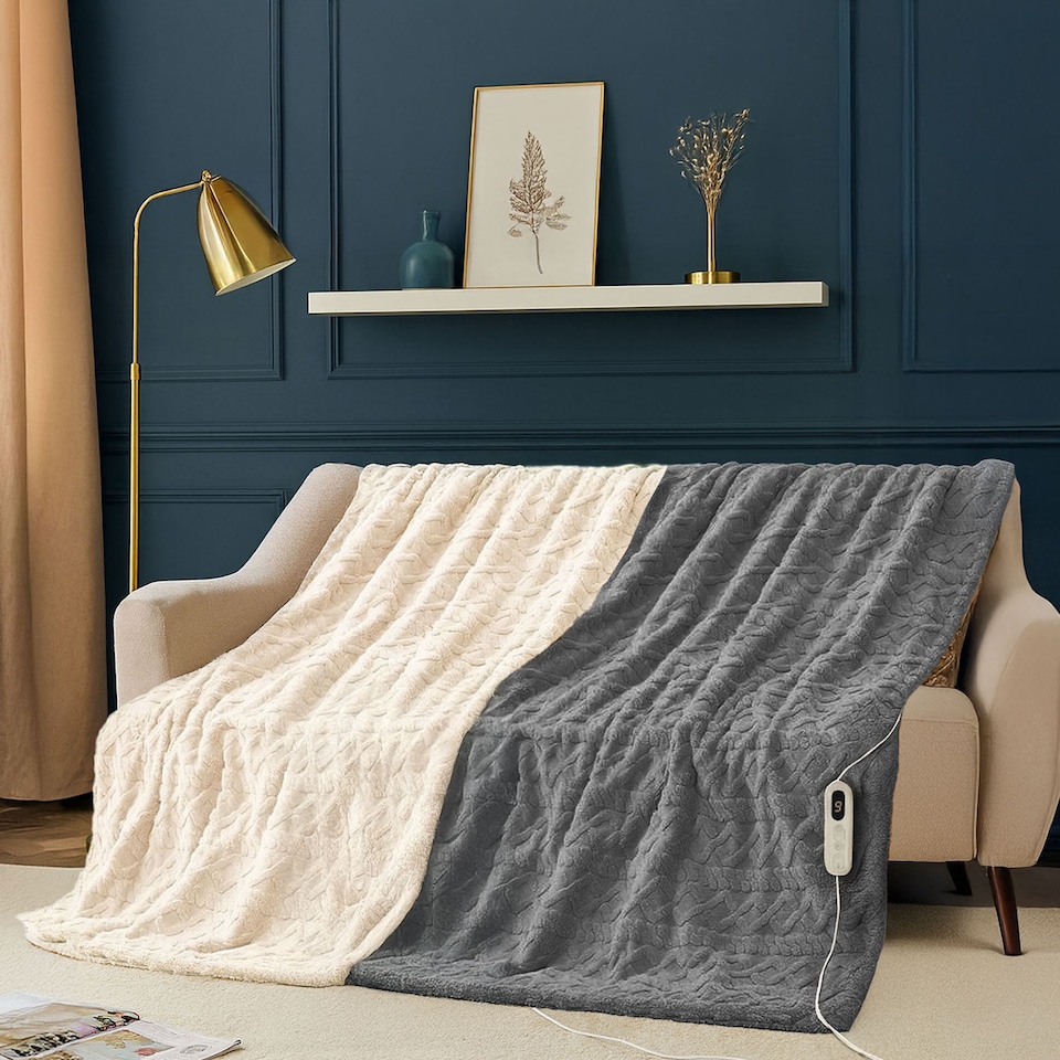 image 1 of Neo Electric Cable Knit Heated Throw Reversible Blanket Fleece Sherpa 9 Heat Settings Machine Washable | Cream | NATURAL | One Size | 1