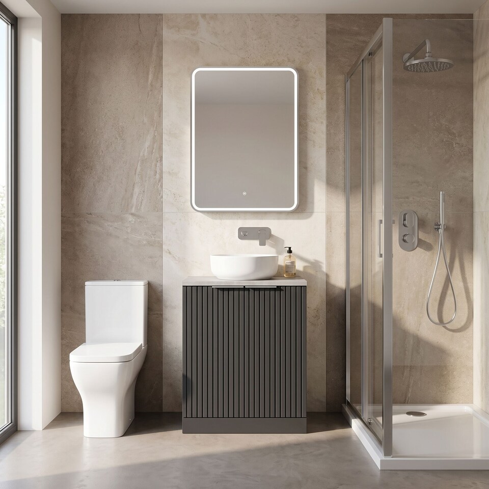 image 1 of Balterley Callingwood Contemporary Floor Standing 2 Door Vanity Unit with Bellato Grey Laminate Worktop , 600mm, Dark Grey