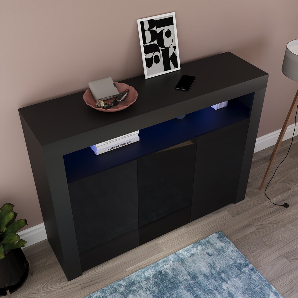 image 1 of Vida Designs Nova 3 Door LED Sideboard Buffet Cabinet Storage, Black | Black | 1