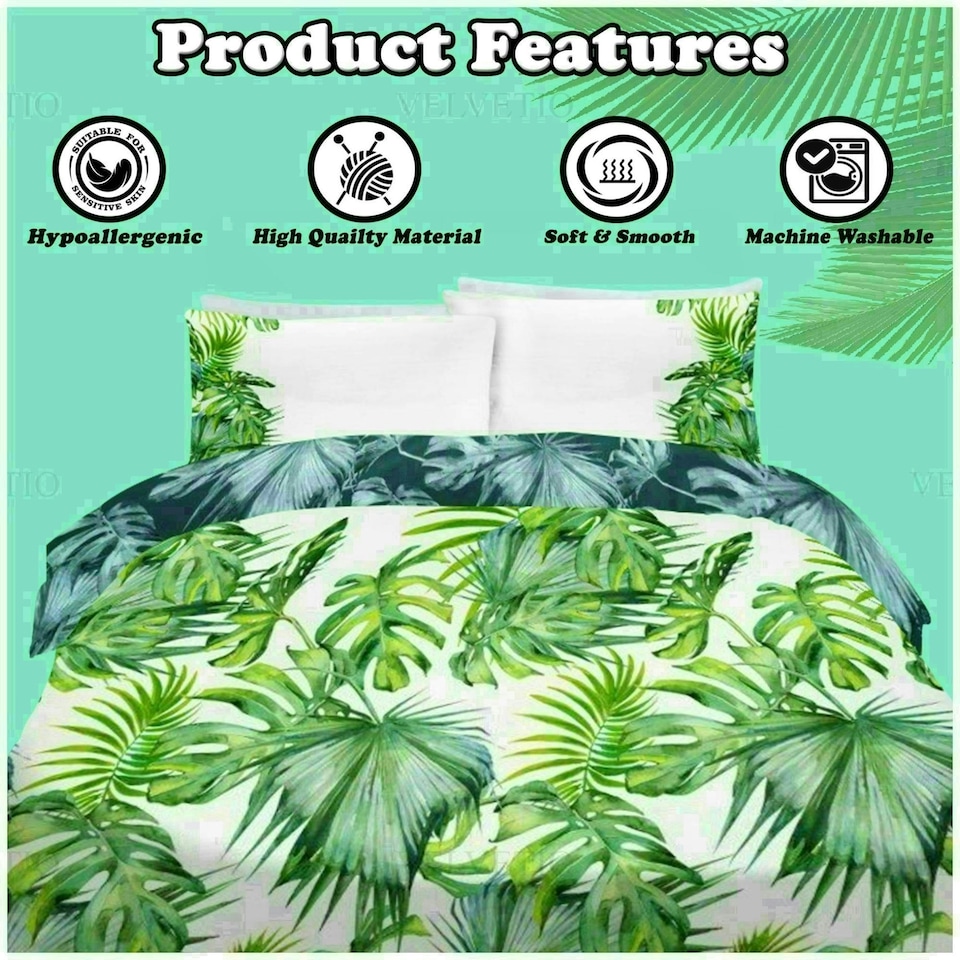 image 1 of Tropical Leaf Printed Duvet Cover Set Reversible Polycotton Beddings Multi | King