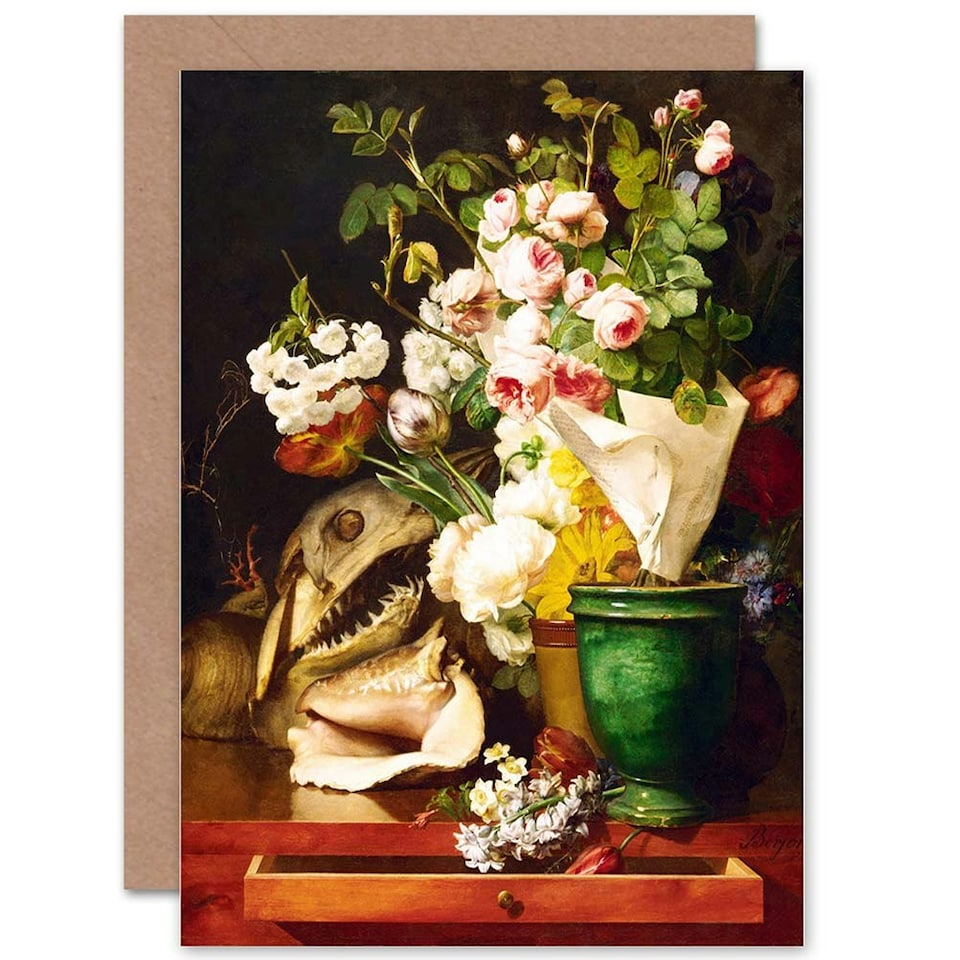image 1 of Still Life Memento Mori Berjon Flowers Shells Head Shark Art Card