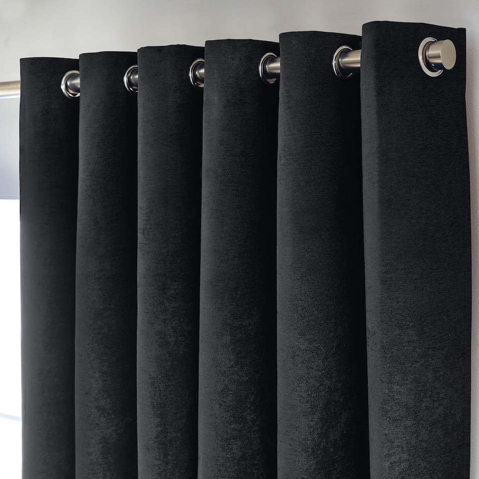 image 1 of Chenille Blackout Ring Top Eyelet Curtains 117cm x 183cm Black | Black | Black | 1