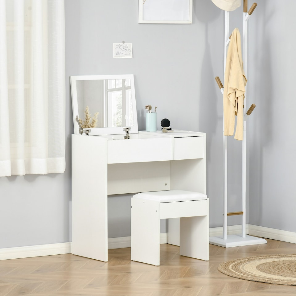 image 1 of HOMCOM Dressing Table Set with Flip-up Mirror Padded Stool Sliding Drawer White