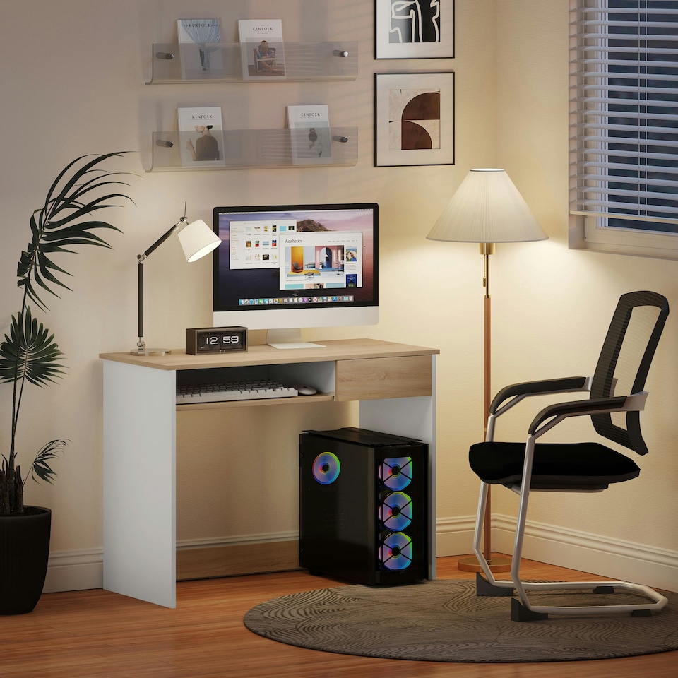 image 1 of HOMCOM Compact Computer Table with Keyboard Tray and Drawer, Oak | Brown | White | 100W x 45D x 75H cm