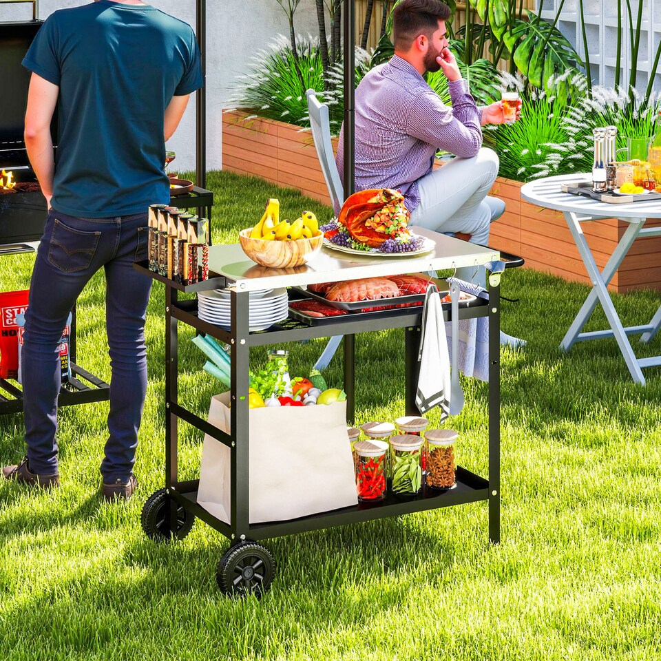 image 1 of Outsunny BBQ Trolley with Stainless Steel Top, Movable Barbecue Pizza Table