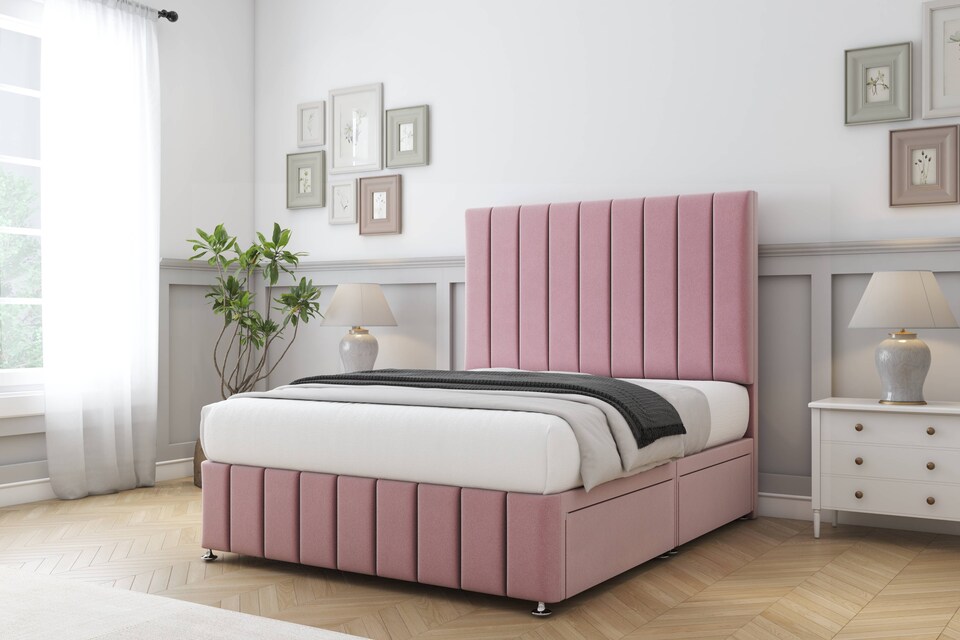 image 1 of Sloomy California Pink Plush Divan Bed Base 2 Drawers Right Side With 26 Inch Strutted Headboard & 12 Inch Matching Footboard | Pink | Pink | Small Double | 1