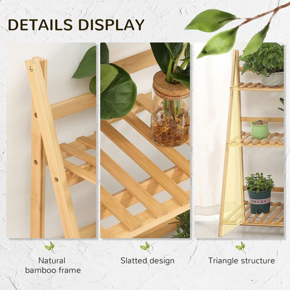 image 1 of Outsunny 3-Tier Folding Bamboo Plant Stand Display Rack for Indoor & Outdoor