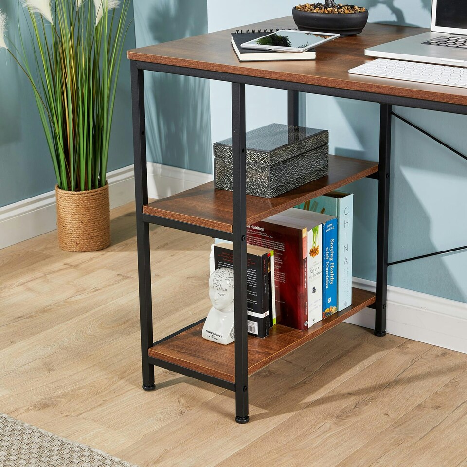 image 1 of Computer Desk Adjustable Shelves Storage Hook Office Table Workstation Brown | Light Oak