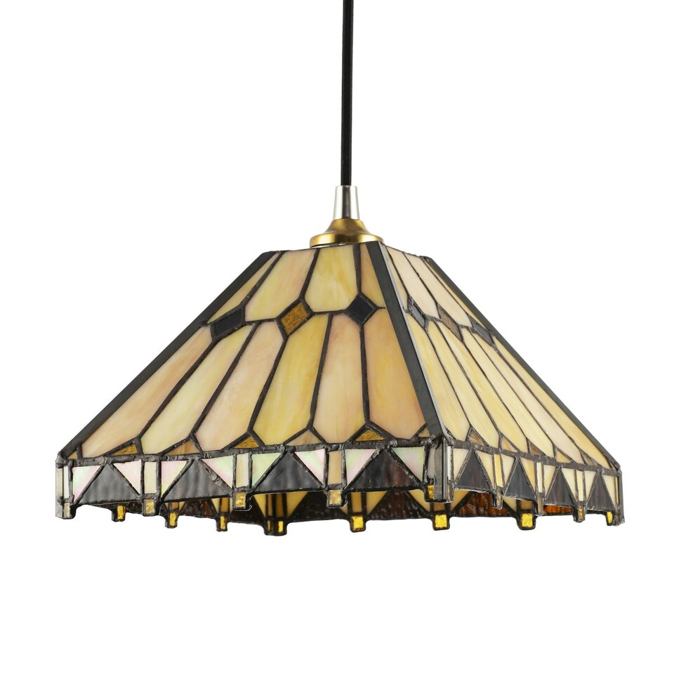image 1 of Art Deco Style Amber Tiffany Pendant Shade with Gold Triangles and Diamonds