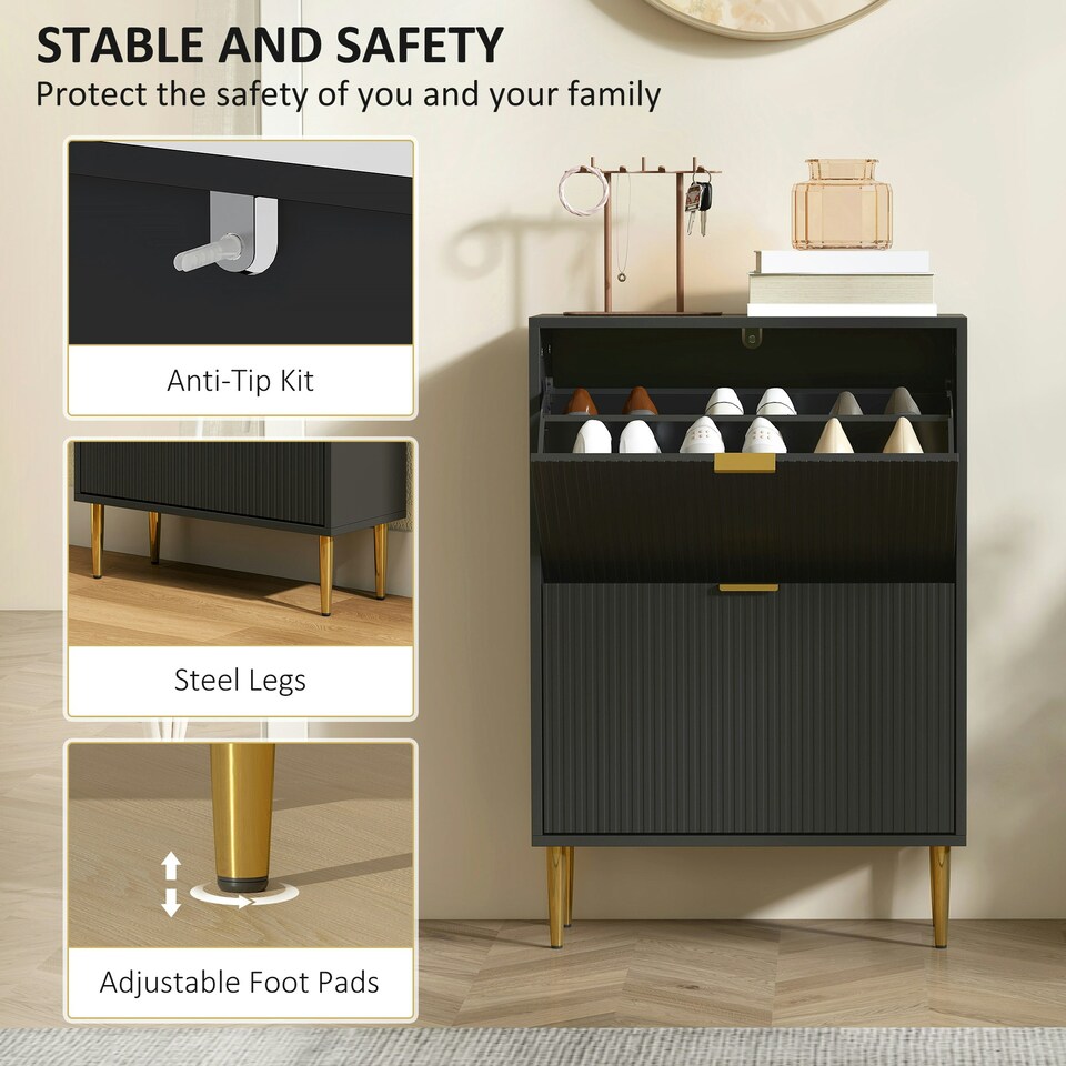 image 1 of HOMCOM Slim Shoe Storage Cabinet with 2 Flip Drawers for Hallway Black | Gold | 60W x 24D x 91.5H cm