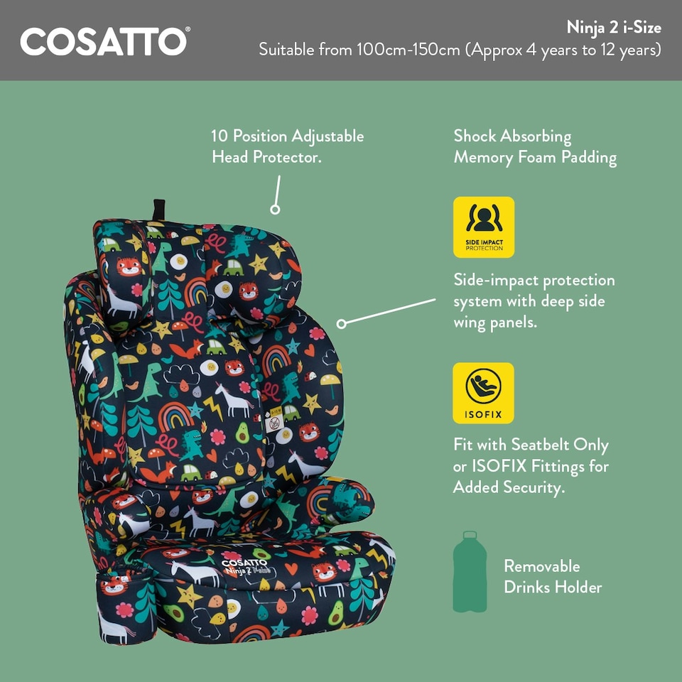 image 1 of Cosatto Ninja 2 iSize Car Seat High Back Booster - Suitable from 100cm-150cm, Forward Facing, ISOFIX Fitting (D is For Dino)