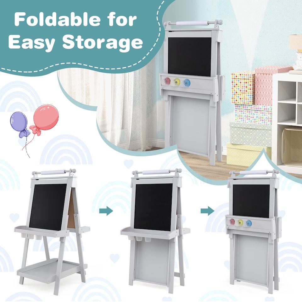 image 1 of COSTWAY Foldable Easel Kids 3-in-1 Double-sided Art Easel w/Chalkboard-Grey