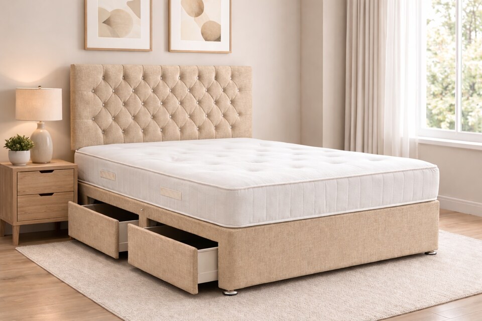 image 1 of 6FT Beige Linen Divan Bed With Headboard & Memory Sprung Mattress 2 Drawers Same Side