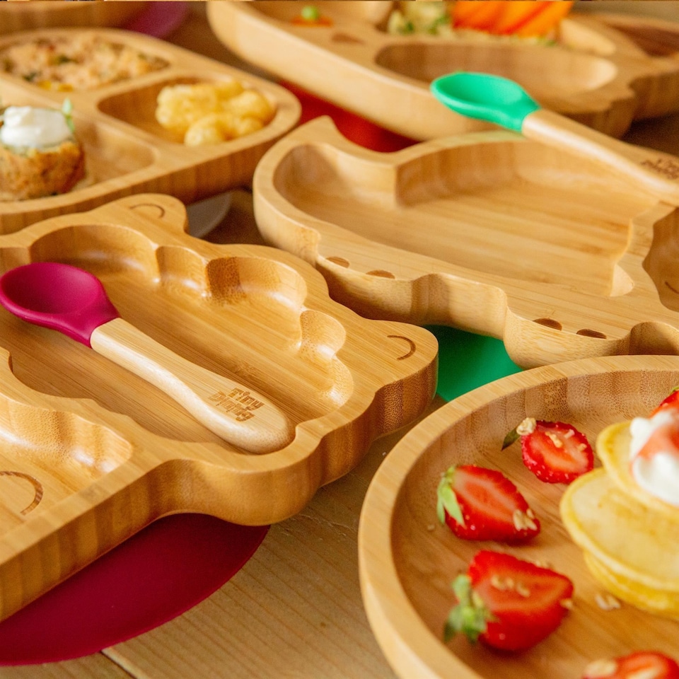 image 1 of Tiny Dining 5pc Bamboo Suction Feeding Set - Llama/Orange - Divided Non-Slip Bamboo Baby Self-Feeding Dining Weaning Set