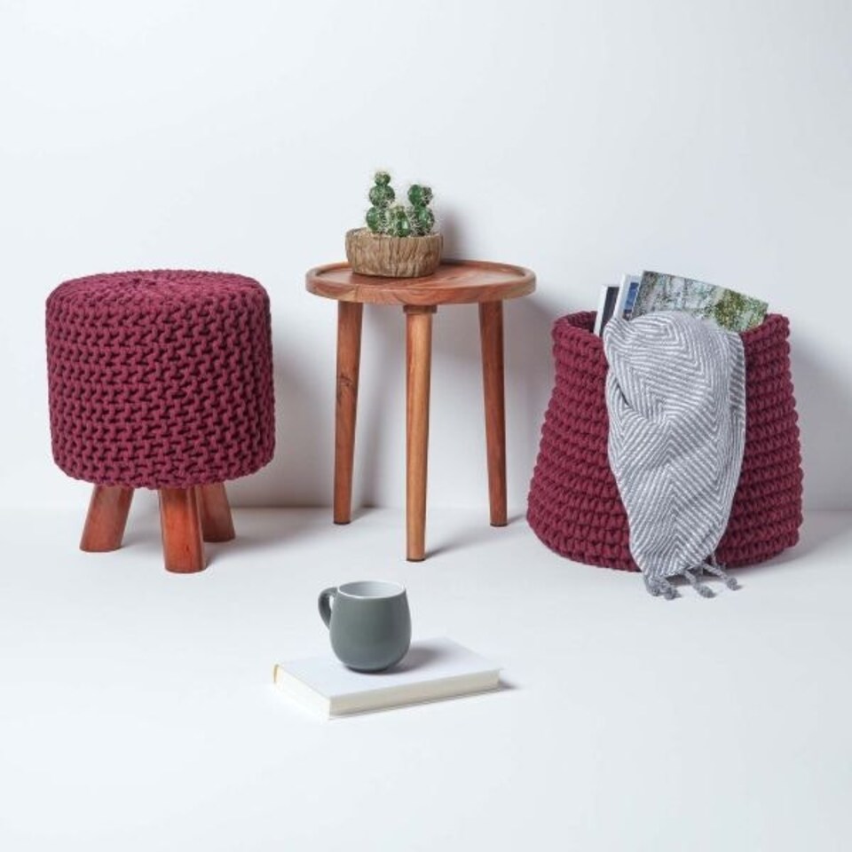 image 1 of Homescapes Plum Tall Cotton Knitted Footstool on Legs