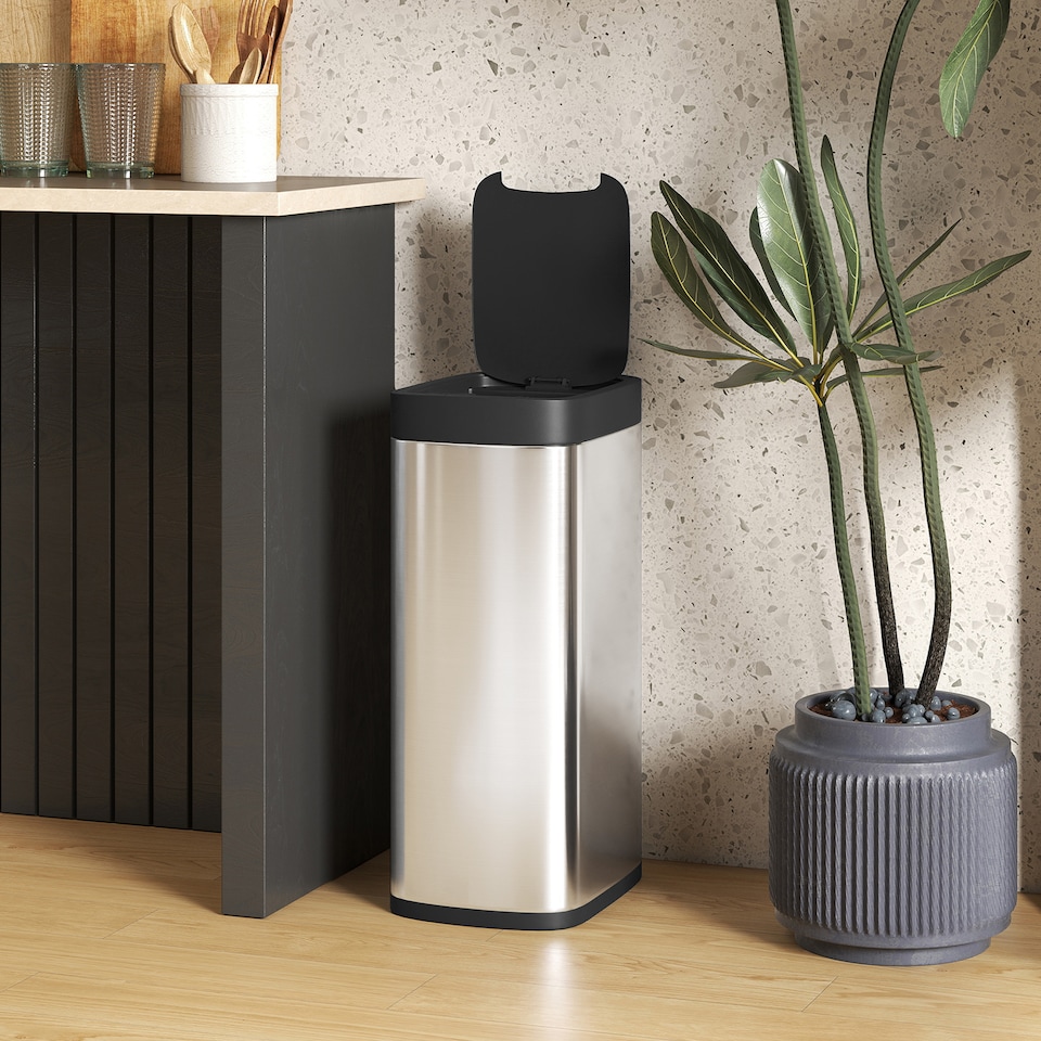 image 1 of HOMCOM 50L Sensor Bin, Touchless Kitchen Bin, Battery Operated, Silver Tone