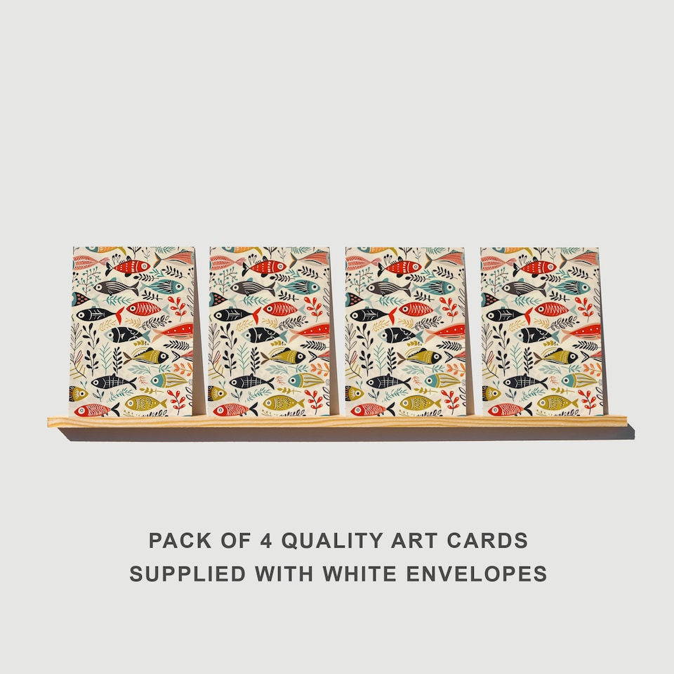 image 1 of Scandi Fish Pattern Art Cards Pack of 4 Coastal Marine Greeting Cards