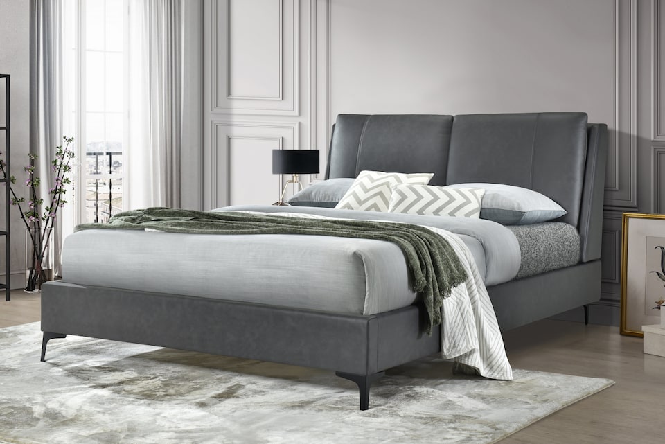 image 1 of 4ft6 Double Faux Leather Upholstered Grey Pillow Back Padded Bed Frame | Grey | Double