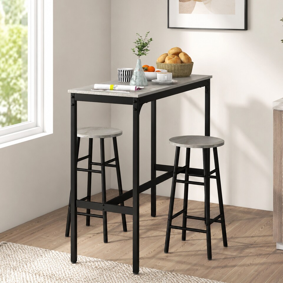 image 1 of HOMCOM 3 Piece Bar Set with 2 Stools, Industrial Kitchen and Chair Set Grey