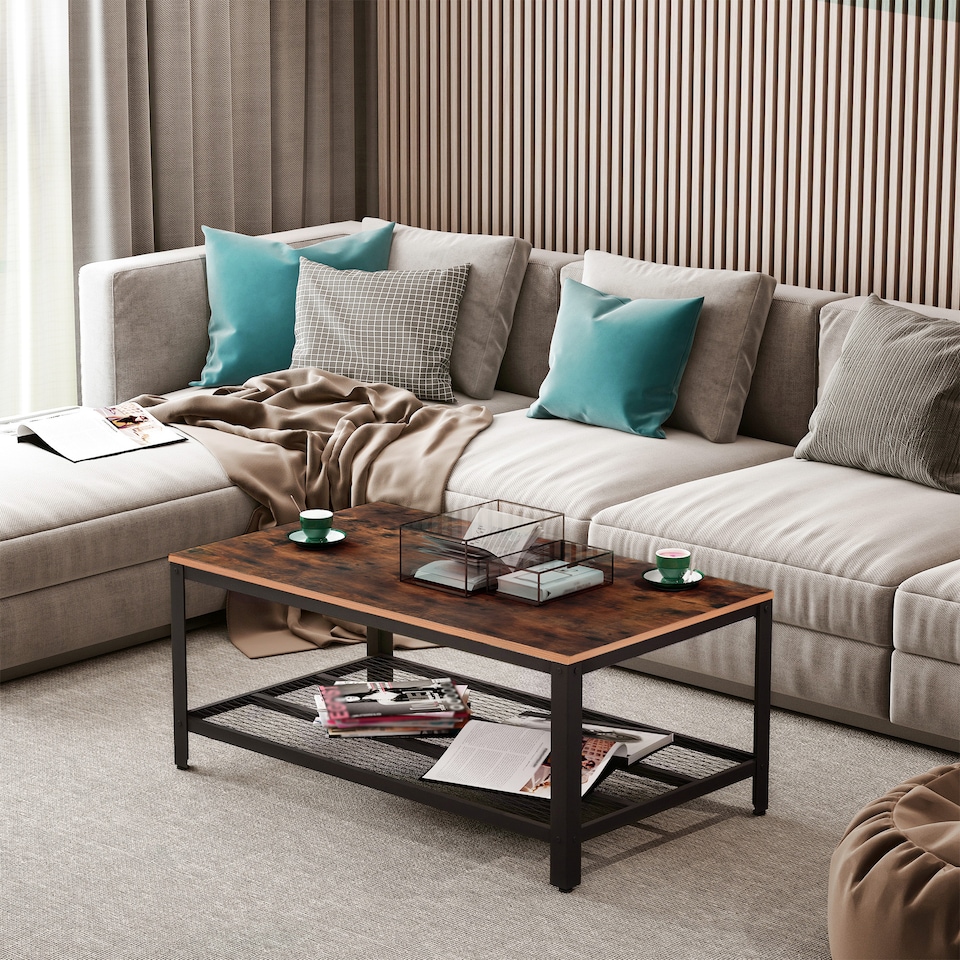 image 1 of HOMCOM Coffee Table Industrial Side Table Living Room Table with Storage Shelf and Metal Frame for Home Office, 106L x 60W x 45Hcm | Black