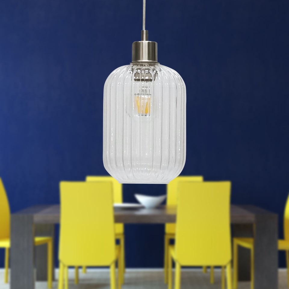 image 1 of Set of 2 Batley - Clear Ribbed Glass with Satin Nickel Pendant Fittings | Clear | Clear | 2