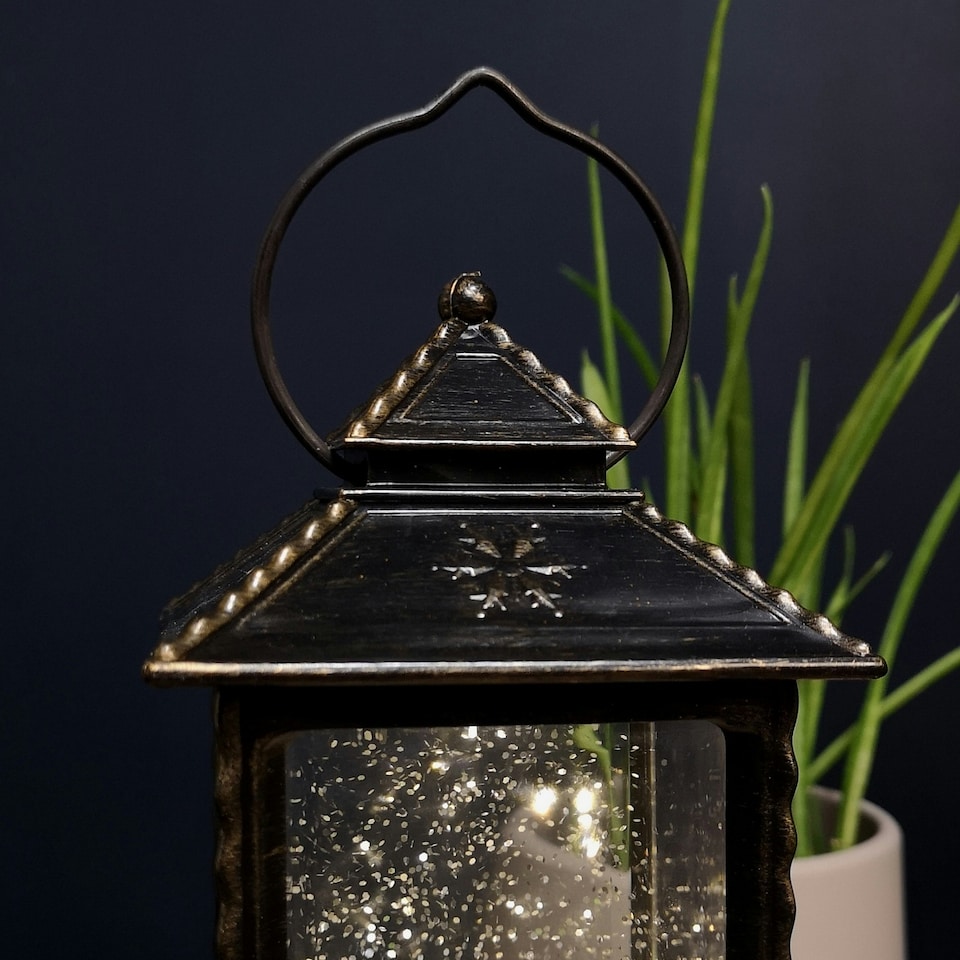 image 1 of 28cm Snowtime Dual Power LED Christmas Glitter Water Spinner Rustic Lantern The Snowman & The Snow dog™ Scene