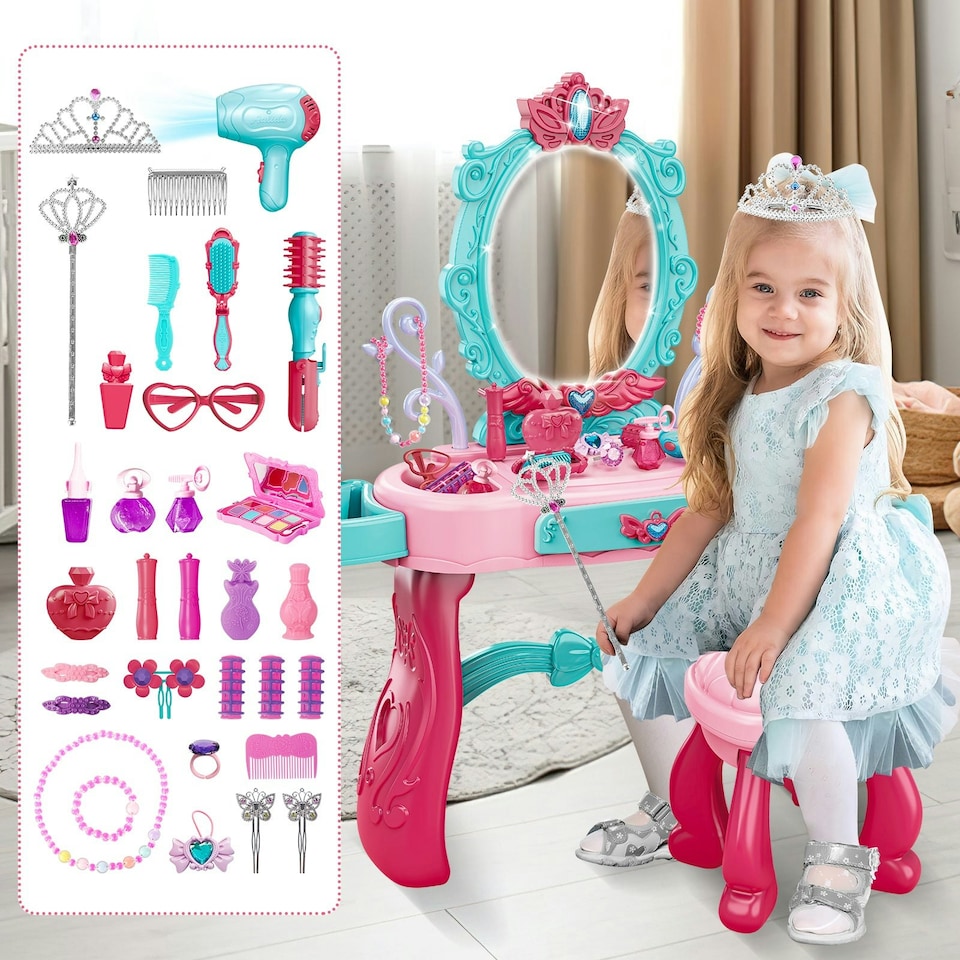 image 1 of Role Play Girls Dressing Vanity Table Set Makeup Set with Light and Sound