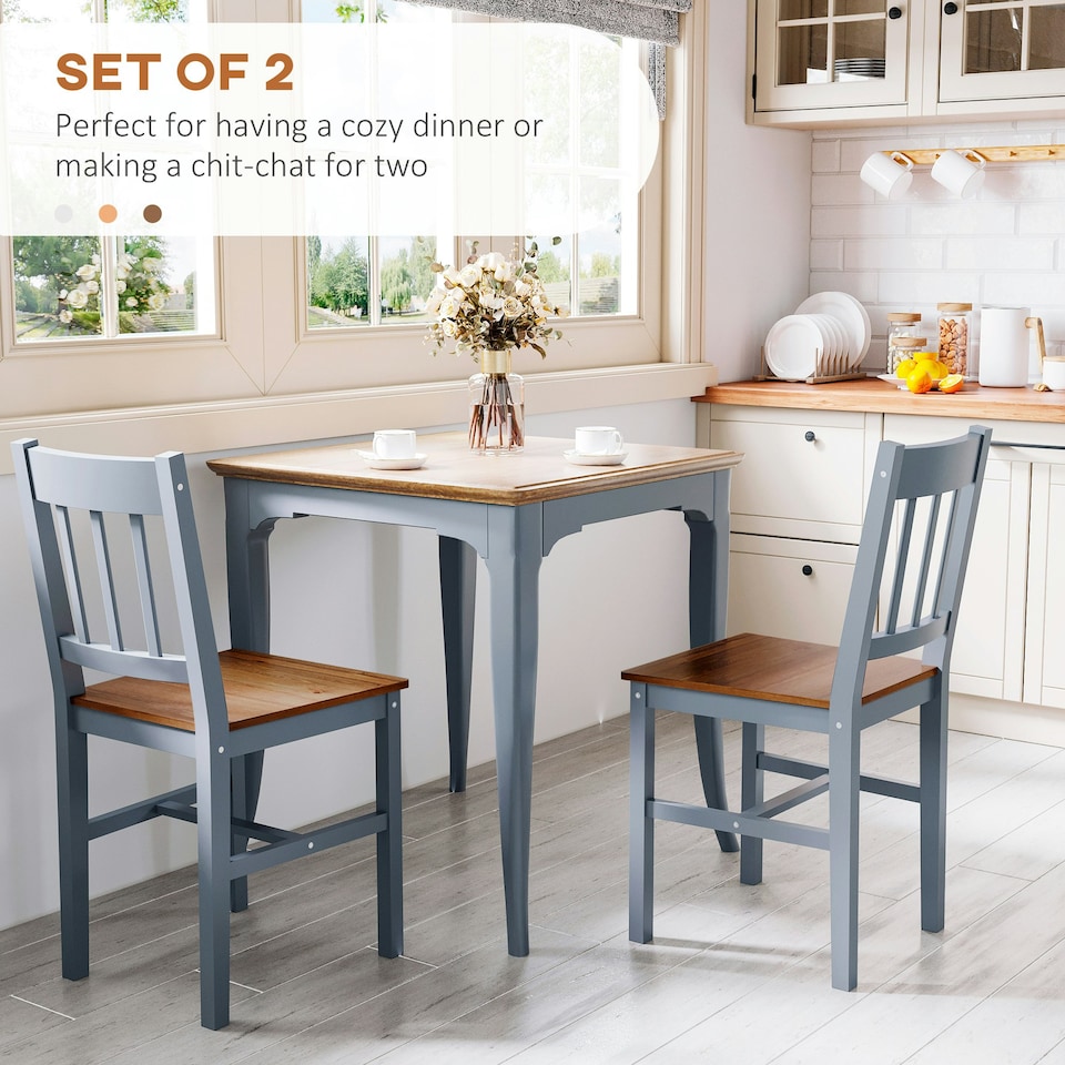image 1 of HOMCOM Dining Chairs Set of 2, Pine Wood Frame, Slat Back for Kitchen Grey