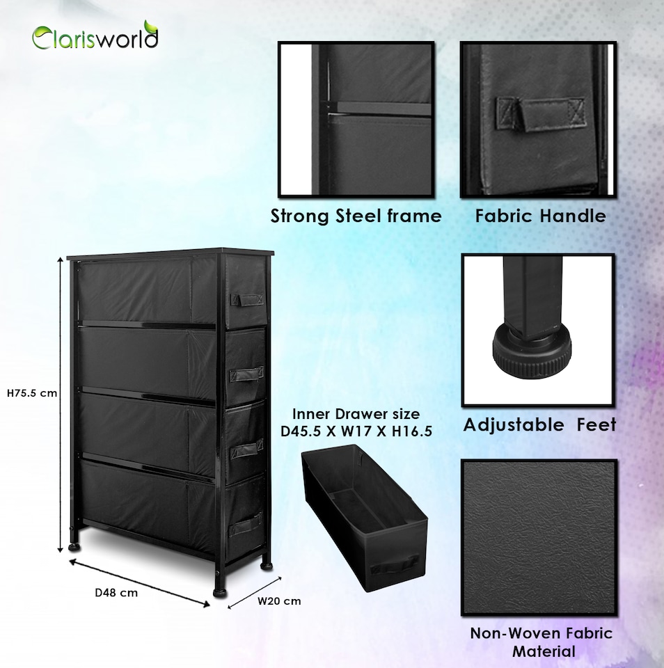 image 1 of Clarisworld 4 Narrow Drawer Storage Tower Dresser with Wood Top, Steel Frame & Laminated Fabric Drawers, Slim Storage Organiser Unit for Bedroom, Hallway, Entryway, Closet & Office