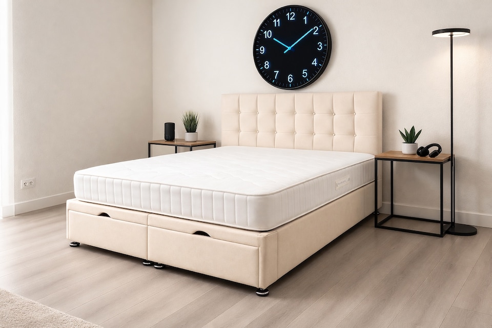 image 1 of Ottoman Cube Cream Plush 6ft Superking Foot Lift Bed Headboard and Mattress Set