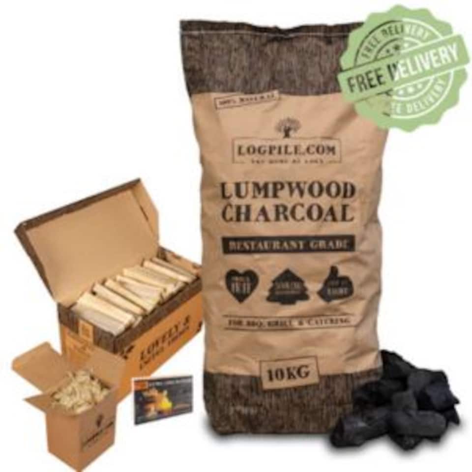 image 1 of Logpile 10kg BBQ Starter Kit. Restaurant Grade Barbecue Charcoal, Kindling, Natural Firelighters and Matches