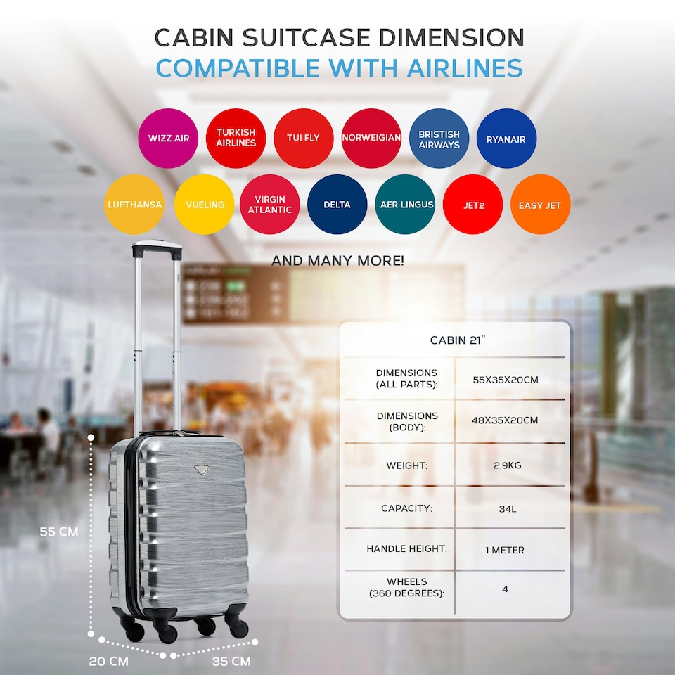 image 1 of 55x35x20cm Carry On Cabin Hard Shell Suitcase - 100+ Airlines Approved Including EasyJet (Paid), British Airways, Ryanair (Priority), TUI Silver | Silver Gloss | Cabin Bag