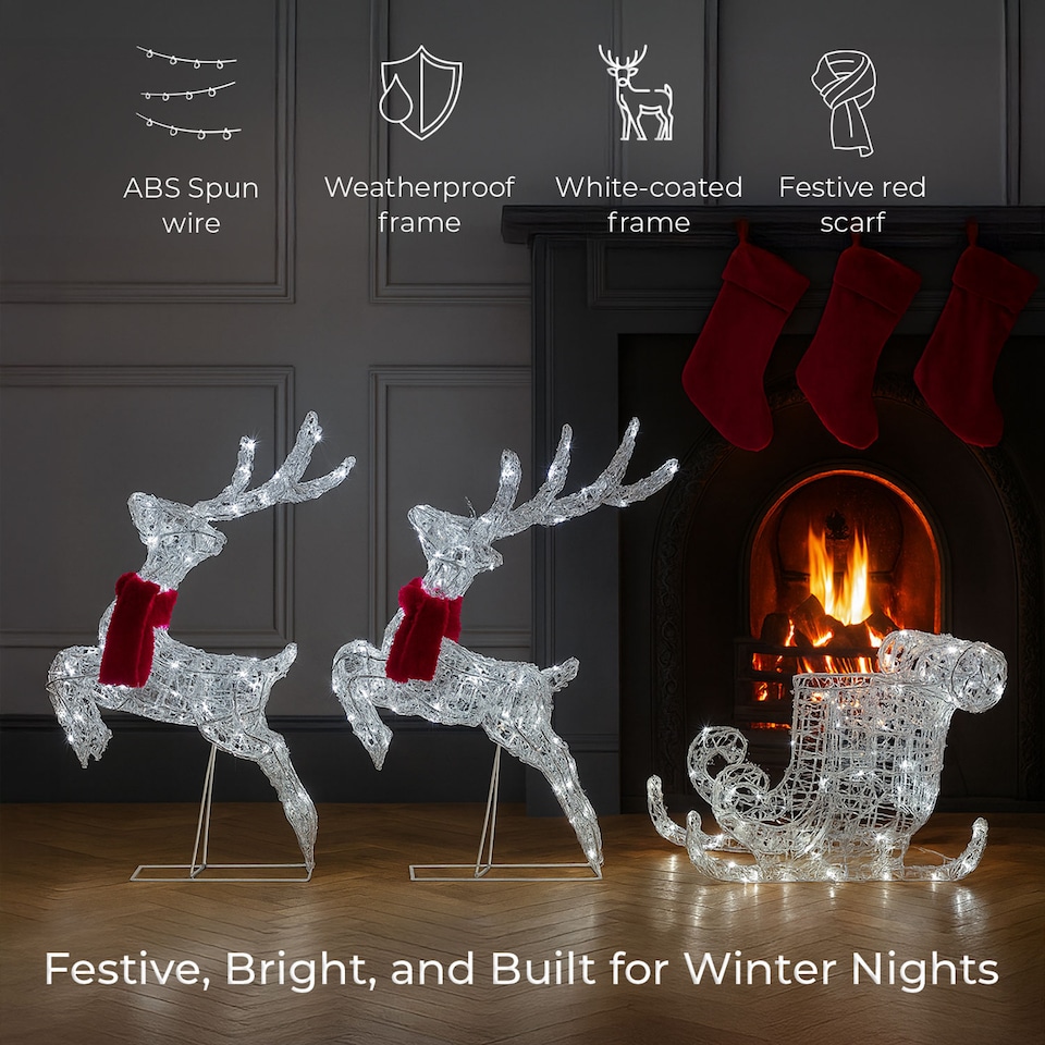 image 1 of Neo 240 LED Christmas Sleigh Reindeer Outdoor Decoration Warm Bright White Mixed Light Effects Timer 65cm Reindeers Weatherproof Frame 6 Ground Hooks Included