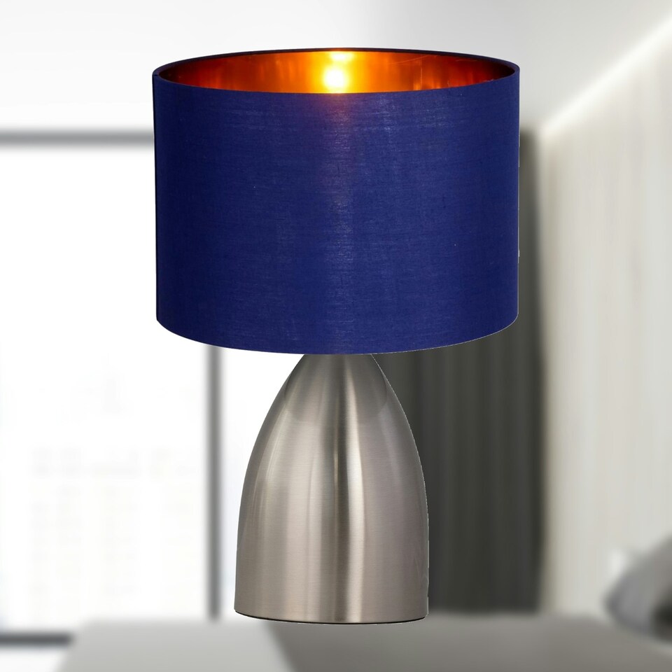 image 1 of First Choice Lighting Valentina Brushed Chrome Touch Lamp with Navy Blue Gold Shade Silver | Blue