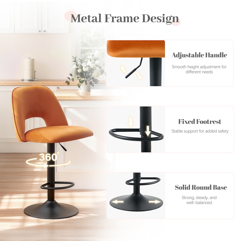 image 1 of SONARA Set of 1 Adjustable Velvet Upholstered Breakfast Bar Stools | Orange