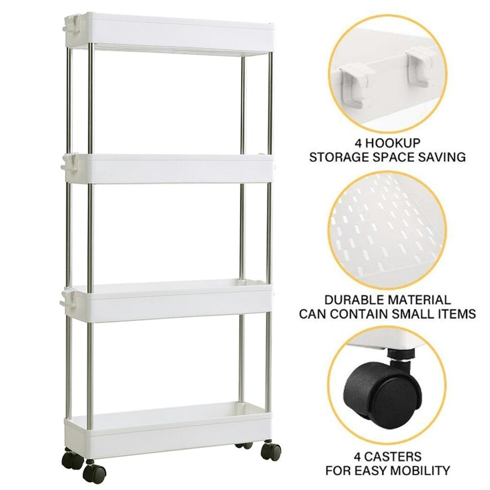 image 1 of Living and Home Plastic Storage Trolley Cart 4-Tier Rack - White