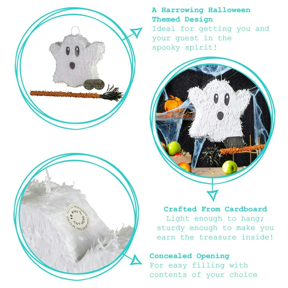 image 1 of Pinatas Halloween Ghost Cardboard Pinata, Stick and Blindfold Set - W42cm x D10cm x H40.5cm - White
