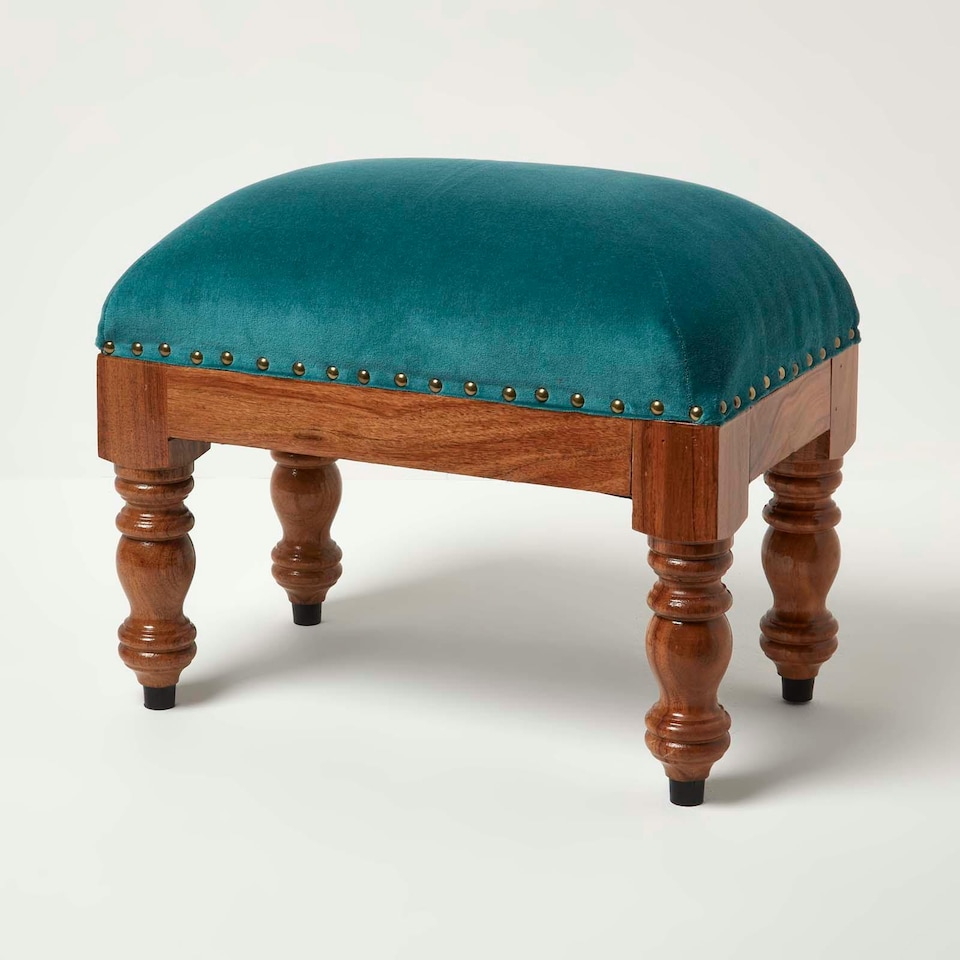 image 1 of Homescapes Mable Teal Green Velvet Rectangular Footstool