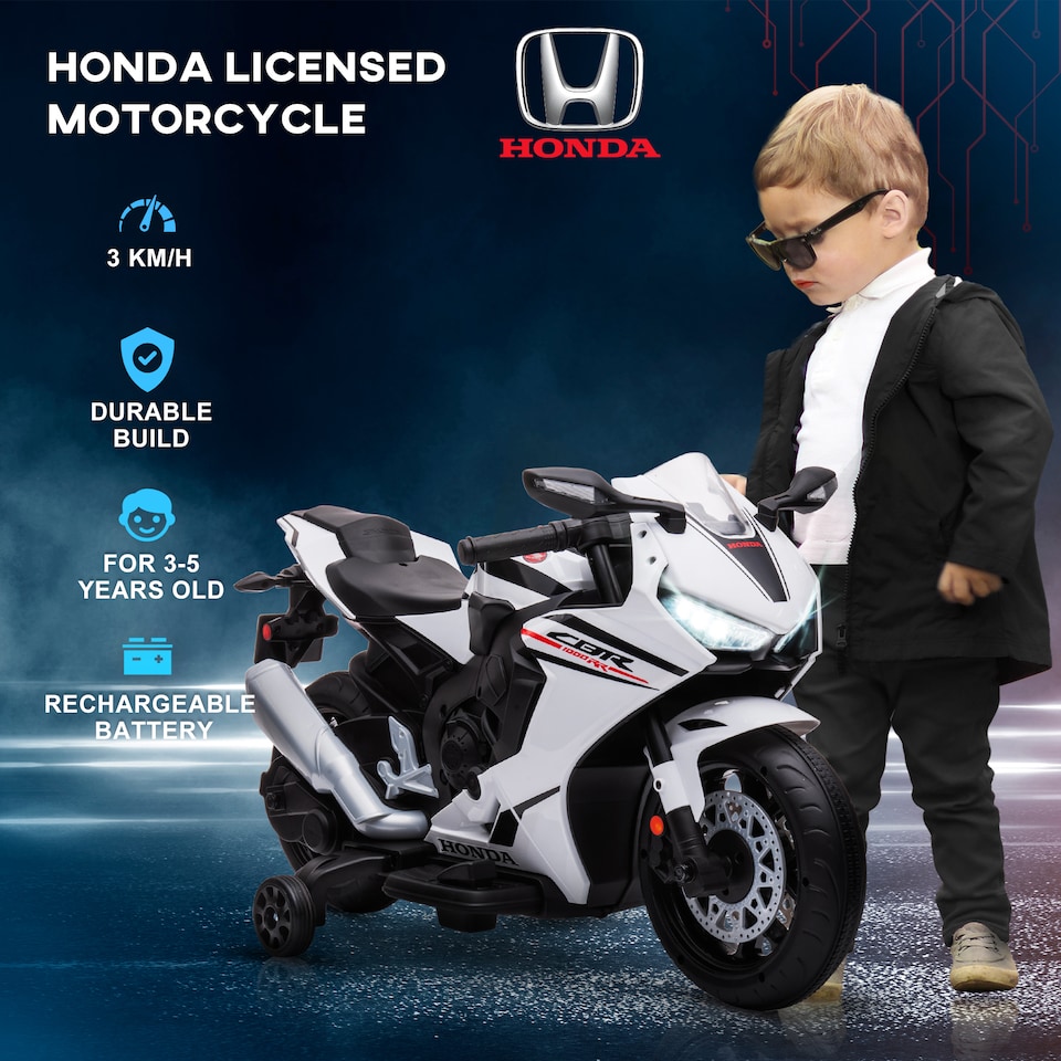 image 1 of HOMCOM Honda Licensed 6V Kids Electric Motorbike Ride On Motorcycle Vehicle with Headlights, Music, Training Wheels, for Ages 3-5 Years White